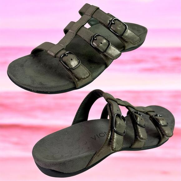 Vionic Women's 8 Pewter Gray Leather Strappy Slide On Comfort Sandals Walking - Picture 1 of 10